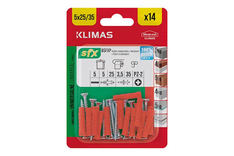 Kołki uniwersalne rozporowe z wkrętem z łbem stożkowym BSFXP 5 mm x 25/35 mm blister 14 szt. WKRĘT-MET