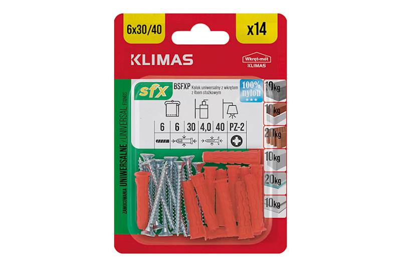 Kołki uniwersalne rozporowe z wkrętem z łbem stożkowym BSFXP 6 mm x 30/40 mm blister 14 szt. WKRĘT-MET