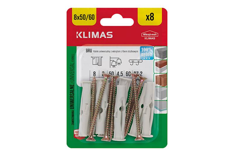 Kołki uniwersalne z wkrętem z łbem stożkowym BRU 8 mm x 50 mm blister 8 szt. WKRĘT-MET