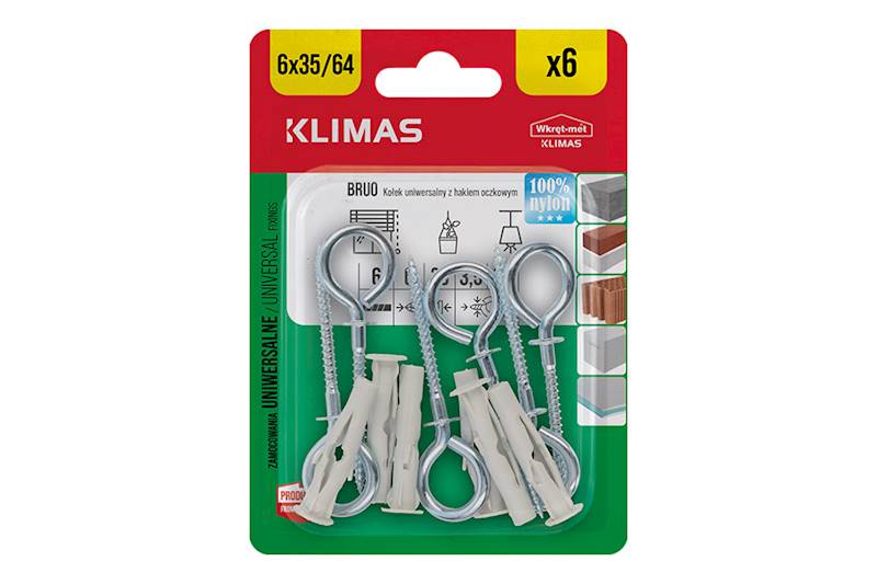 Kołki uniwersalne z hakiem oczkowym BRUO 6 mm x 35 mm blister 6 szt. WKRĘT-MET