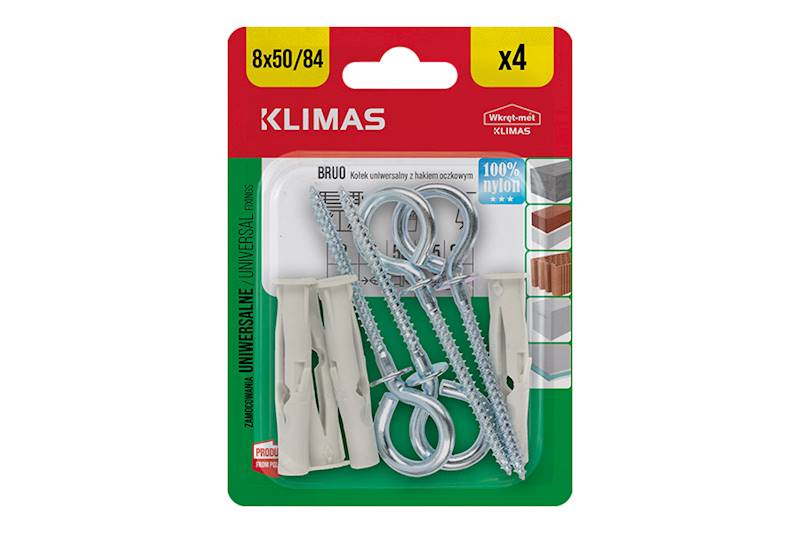 Kołki uniwersalne z hakiem oczkowym BRUO 8 mm x 50 mm blister 4 szt. WKRĘT-MET