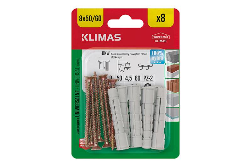 Kołki uniwersalne z wkrętem z łbem stożkowym BKW 8 mm x 50 mm blister 8 szt. WKRĘT-MET