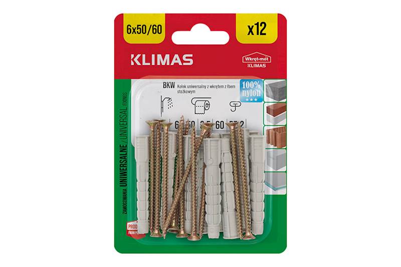 Kołki uniwersalne z wkrętem z łbem stożkowym BKW 6 mm x 50 mm blister 12 szt. WKRĘT-MET