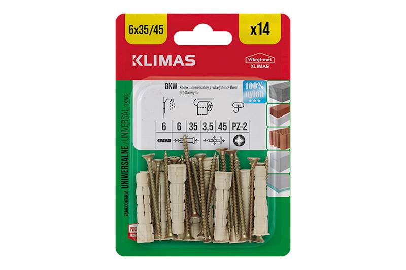 Kołki uniwersalne z wkrętem z łbem stożkowym BKW 6 mm x 35 mm blister 14 szt. WKRĘT-MET
