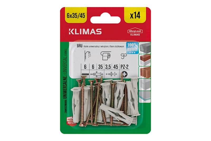 Kołki uniwersalne z wkrętem z łbem stożkowym BRU 6 mm x 35 mm blister 14 szt. WKRĘT-MET