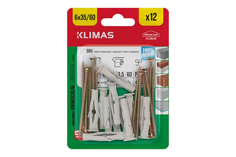Kołki uniwersalne z wkrętem z łbem stożkowym BRU 6 mm x 35/60 mm blister 12 szt. WKRĘT-MET
