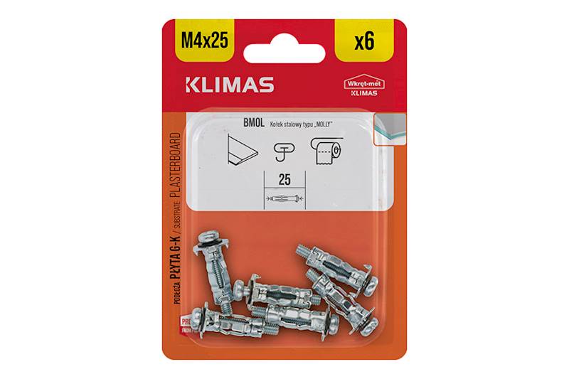 Kołek stalowy typu "MOLLY" BMOL 4 mm x 25 mm blister 6 szt. WKRĘT-MET