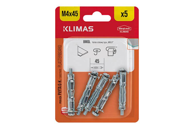 Kołki stalowe typu "MOLLY" BMOL 4 mm x 45 mm blister 5 szt. WKRĘT-MET
