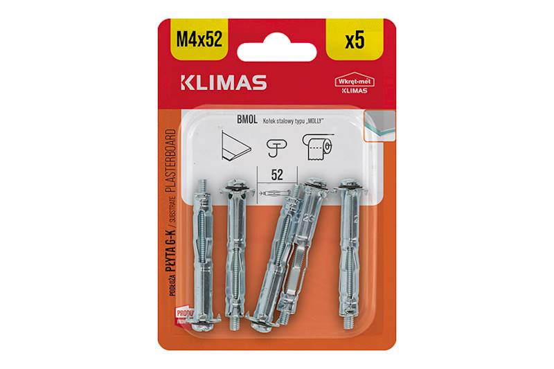 Kołki stalowe typu "MOLLY" BMOL 4 mm x 52 mm blister 5 szt. WKRĘT-MET
