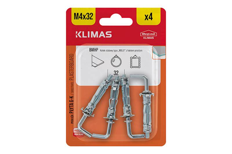 Kołek stalowy typu "MOLLY" z hakiem prostym BMHP 4 mm x 32 mm blister 4 szt. WKRĘT-MET