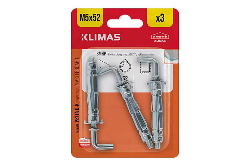 Kołek stalowy typu "MOLLY" z hakiem prostym BMHP 5 mm x 52 mm blister 3 szt. WKRĘT-MET