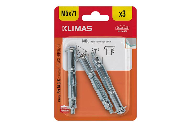 Kołki stalowe typu "MOLLY" BMOL 5 mm x 71 mm blister 3 szt. WKRĘT-MET