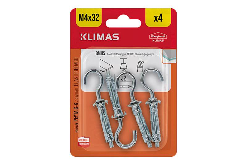 Kołki stalowe typu "MOLLY" z hakiem półpełnym BMHS 4 mm x 32 mm blister 4 szt. WKRĘT-MET