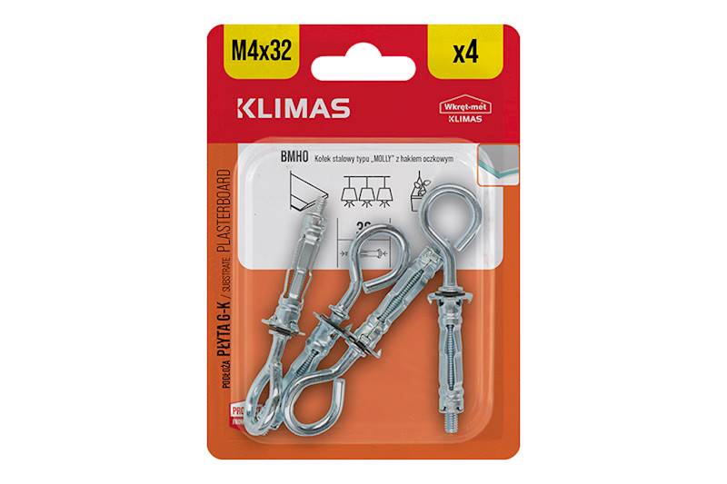 Kołki stalowe typu "MOLLY" z hakiem oczkowym BMHO 4 mm x 32 mm blister 4 szt. WKRĘT-MET