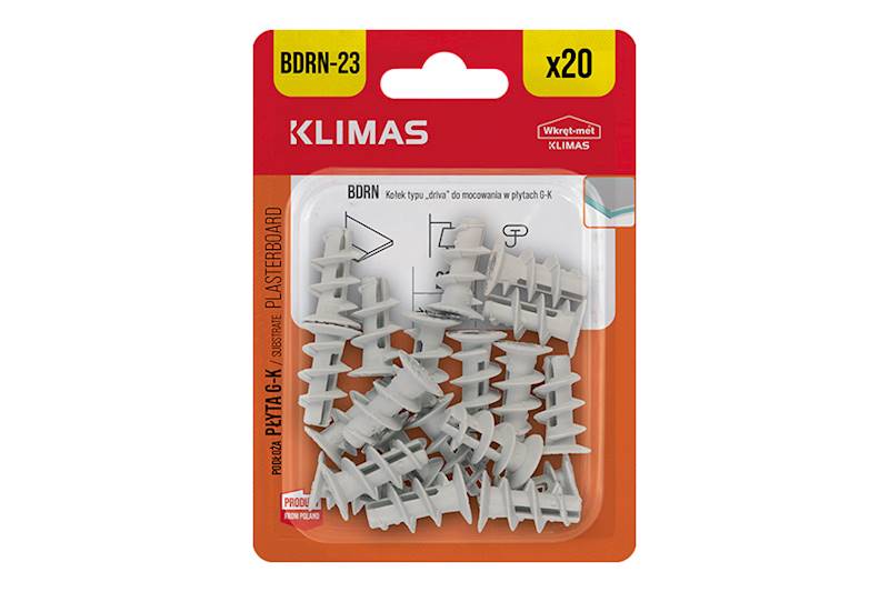 Kołki tworzywowe typu "DRIVA" do mocowania w płytach gipsowo-kartonowych BDRN-23 mm blister 20 szt. WKRĘT-MET