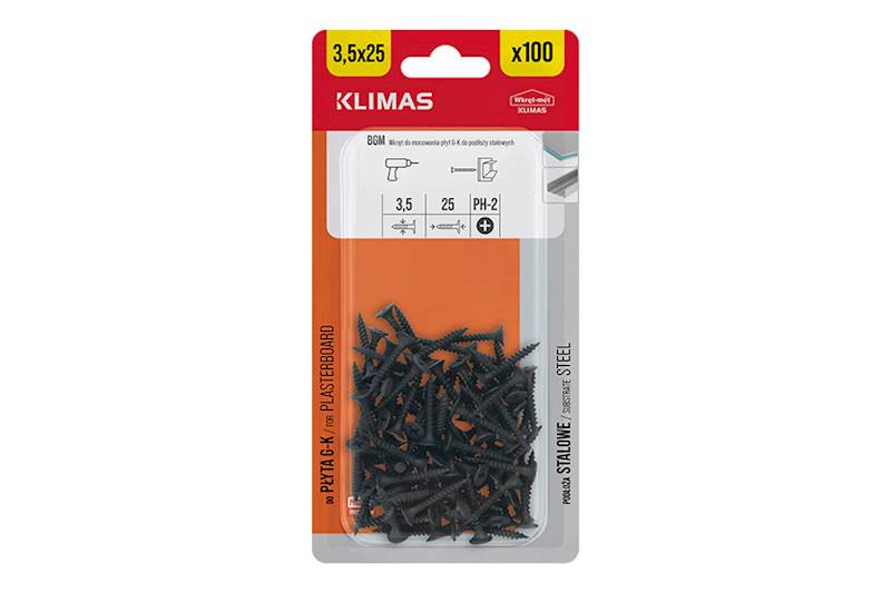 Wkręty fosfatyzowane do mocowania płyt g-k do podłoży stalowych BGM 3,5 mm x 25 mm blister 100 szt. WKRĘT-MET