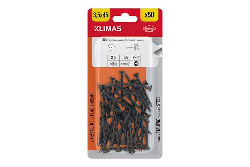 Wkręty fosfatyzowane do mocowania płyt g-k do podłoży stalowych BGM 3,5 mm x 45 mm blister 50 szt. WKRĘT-MET