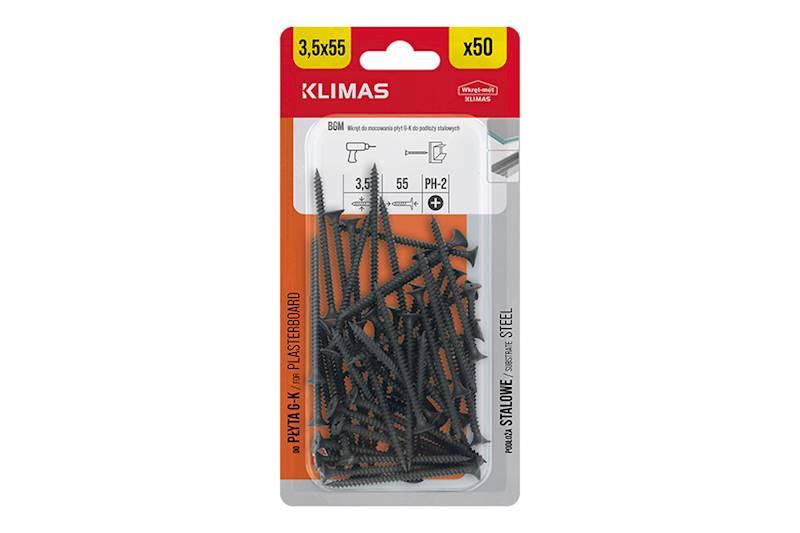 Wkręty fosfatyzowane do mocowania płyt g-k do podłoży stalowych BGM 3,5 mm x 55 mm blister 50 szt. WKRĘT-MET