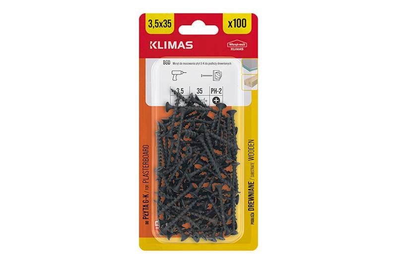 Wkręty do mocowania płyt g-k do podłoży drewnianych BGD 3,5 mm x 35 mm blister 100 szt. WKRĘT-MET