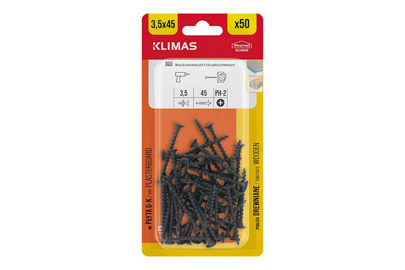 Wkręty do mocowania płyt g-k do podłoży drewnianych BGD 3,5 mm x 45 mm blister 50 szt. WKRET-MET