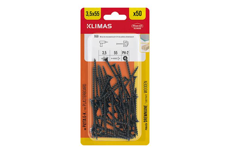 Wkręty do mocowania płyt g-k do podłoży drewnianych BGD 3,5 mm x 55 mm blister 50 szt. WKRĘT-MET