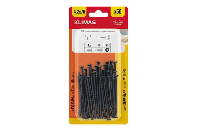 Wkręty do mocowania płyt g-k do podłoży drewnianych BGD 4,2 mm x 70 mm blister 50 szt. WKRĘT-MET