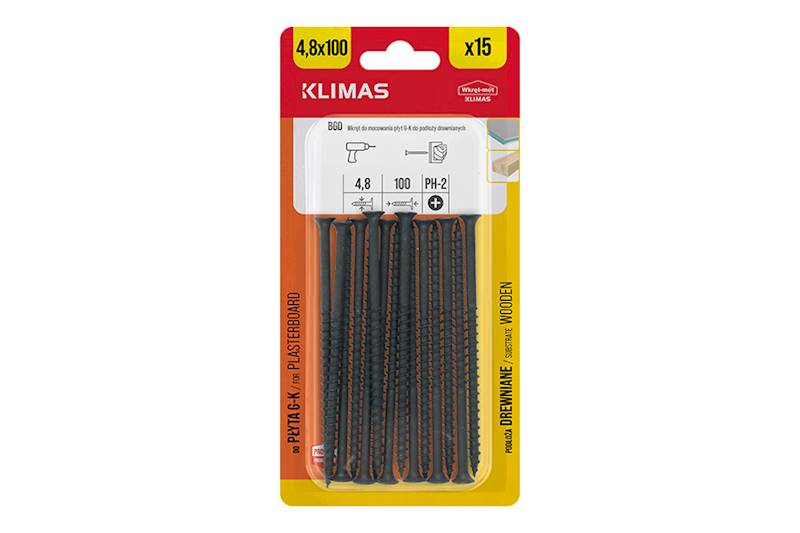 Wkręty do mocowania płyt g-k do podłoży drewnianych BGD 4,8 mm x 100 mm blister 15 szt. WKRĘT-MET