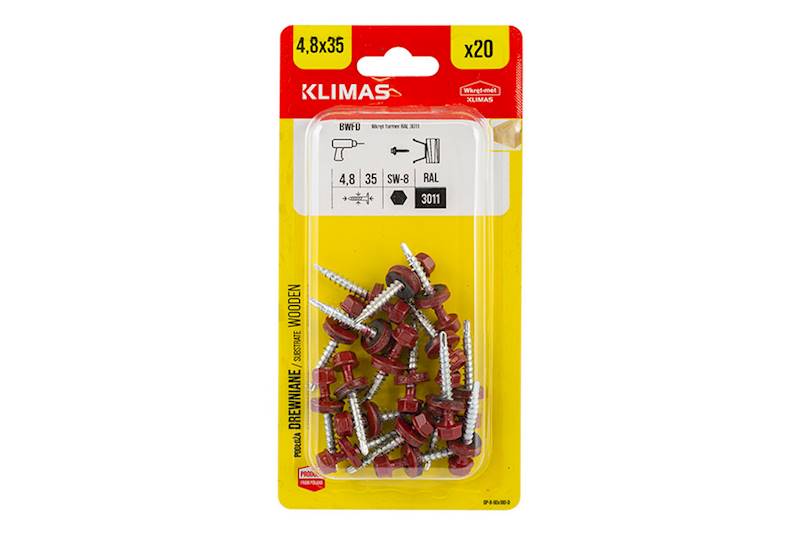 Wkręty farmerskie samowiercące z podkładką EPDM do podłoża drewnianego BWFD 4,8 mm x 35 mm RAL3011 blister 20 szt. WKRĘT-MET