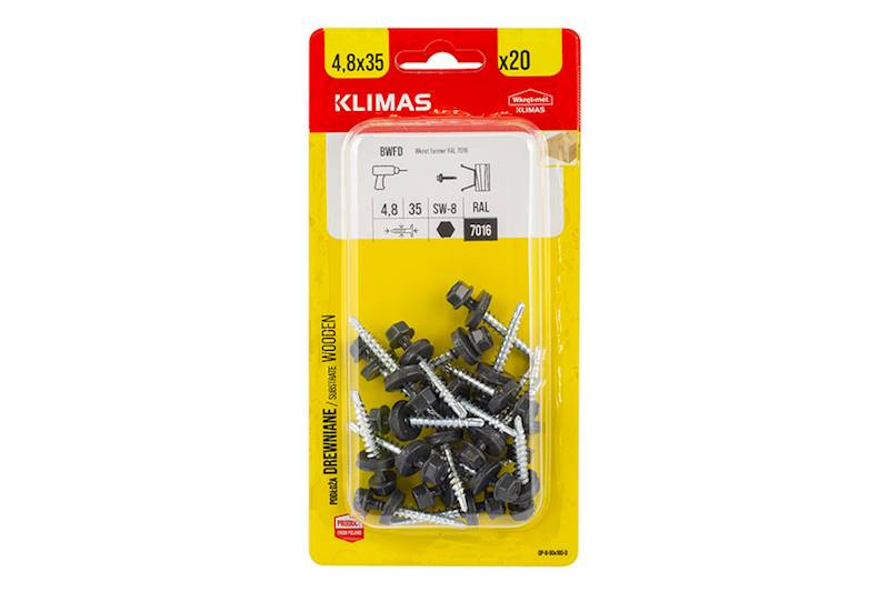 Wkręty farmerskie samowiercące z podkładką EPDM do podłoża drewnianego BWFD 4,8 mm x 35 mm RAL7016 blister 20 szt. WKRĘT-MET