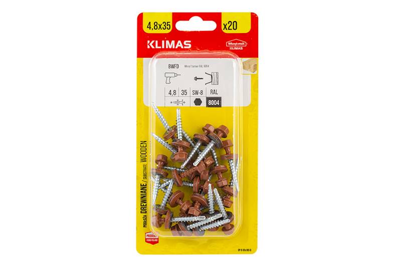 Wkręty farmerskie samowiercące z podkładką EPDM do podłoża drewnianego BWFD 4,8 mm x 35 mm RAL8004 blister 20 szt. WKRĘT-MET