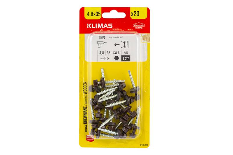 Wkręty farmerskie samowiercące z podkładką EPDM do podłoża drewnianego BWFD 4,8 mm x 35 mm RAL8017 blister 20 szt. WKRĘT-MET