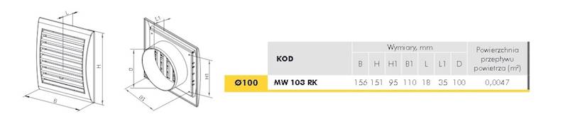 Kratka wentylacyjna 154 x 150 mm z siatką, żaluzją i kołnierzem FI 100 mm biała VENTIKA