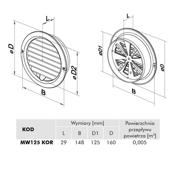Kratka wentylacyjna okrągła regulowana z kołnierzem FI 125 mm biała VENTIKA