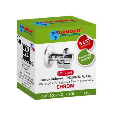 Kurek kulowy kątowy z filtrem i rozetą chrom 1/2 x 3/4 DIAMOND