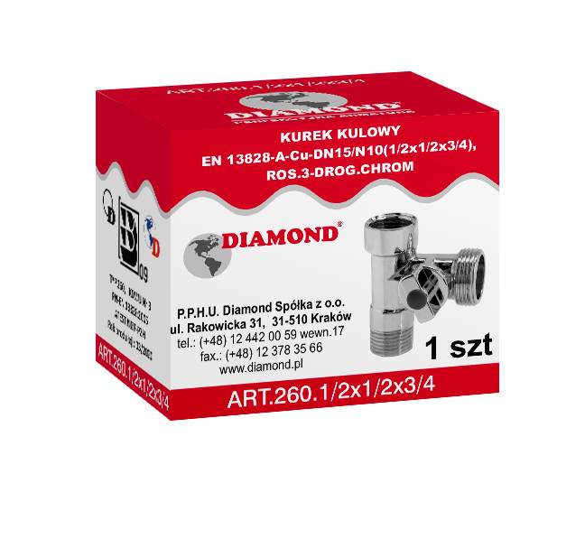 Kurek kulowy rosyjski 3-drogowy chrom 1/2 x 1/2 x 3/4 DIAMOND