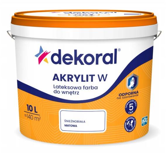 Farba lateksowa śnieżnobiała matowa Akrylit W 10 l DEKORAL