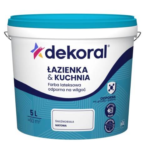 Farba lateksowa Łazienka i Kuchnia odporna na wilgoć śnieżnobiała matowa 5 l DEKORAL