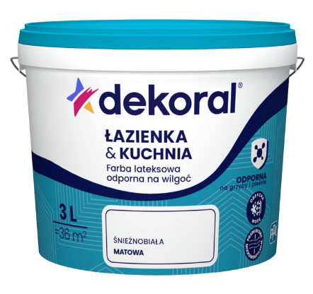 Farba lateksowa Łazienka i Kuchnia odporna na wilgoć śnieżnobiała matowa maleniak plus 3 l DEKORAL