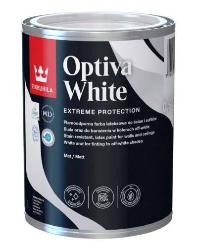 Farba lateksowa plamoodporna biała Optiva White matowa baza A 0,9 l TIKKURILA