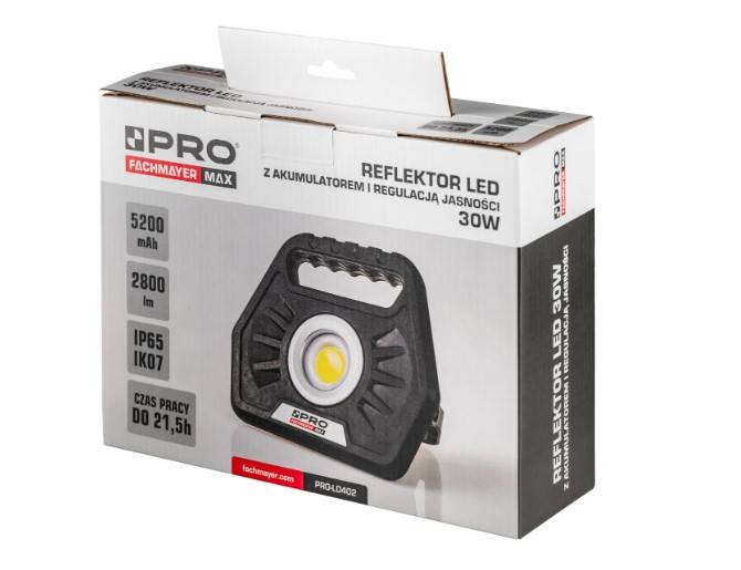 Reflektor lampa LED 30W z akumulatorem LI-ION i regulacją jasności IP65 TP PRO-LD402