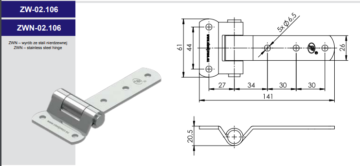 ZAWIAS PROSTY OCYNK. Z OTWORAMI  141X61/26