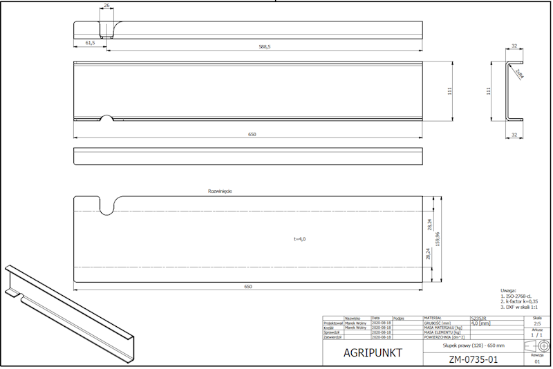 ELEMENT GIĘTY SŁUPKA PRAWEGO 650MM