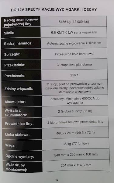 WYCIĄGARKA EL.12V  HW   5,4T -KPL