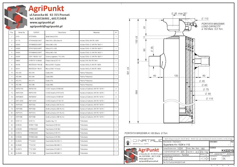 SIŁOWNIK  04X1043 X110  l=421 fi35  - 6 Ton  S=4