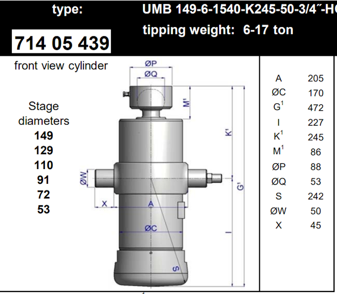 SIŁOWNIK UMB  17 Ton  , 149 6-sekcji . skok-1540-K