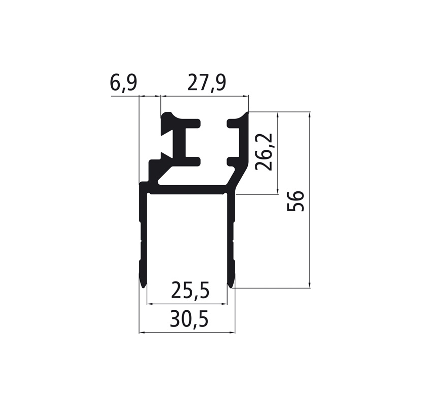 Profil AL końcowy pod uszczelkę  L=6000mm, ANODA na burty gr 25mm do słupka K20
