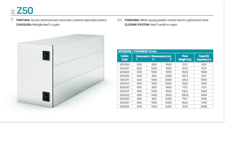 Z50 Skrzynia zakabinowa L800 x H900 x D2000 , zamki tworzywo 1296 lt 1,5mm