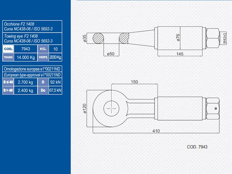 UCHO DYSZLA  D50 - 76 OBR. 14/2,7Ton Homologacja