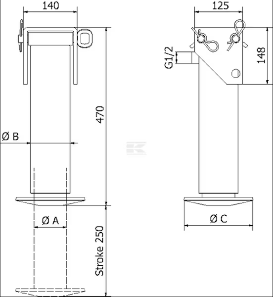 STOPA HYDRAULICZNA 1-str.działania ze sprężyną powrotną 8500 kg /150Bar