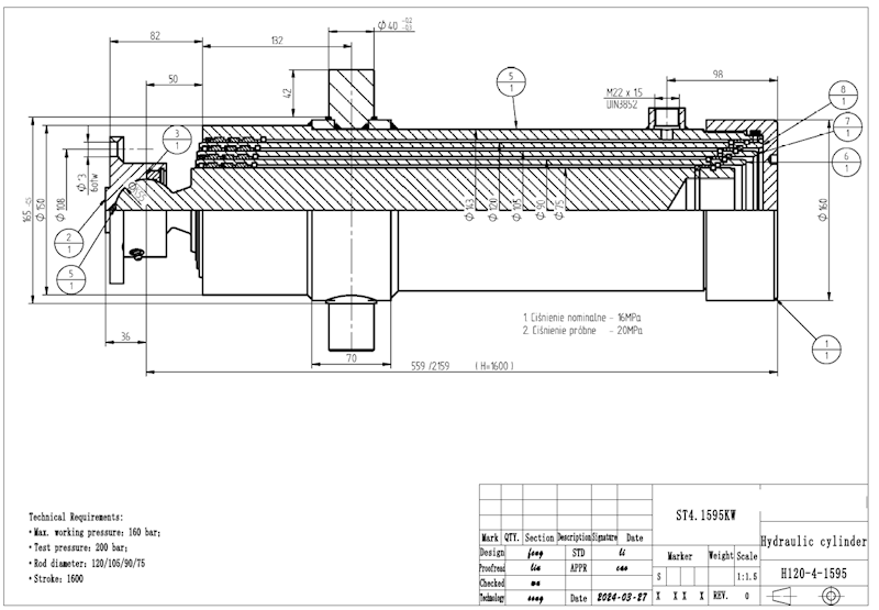 SIŁOWNIK HYDRAULICZNY  4 sekcji  , skok 1600  10-14 Ton